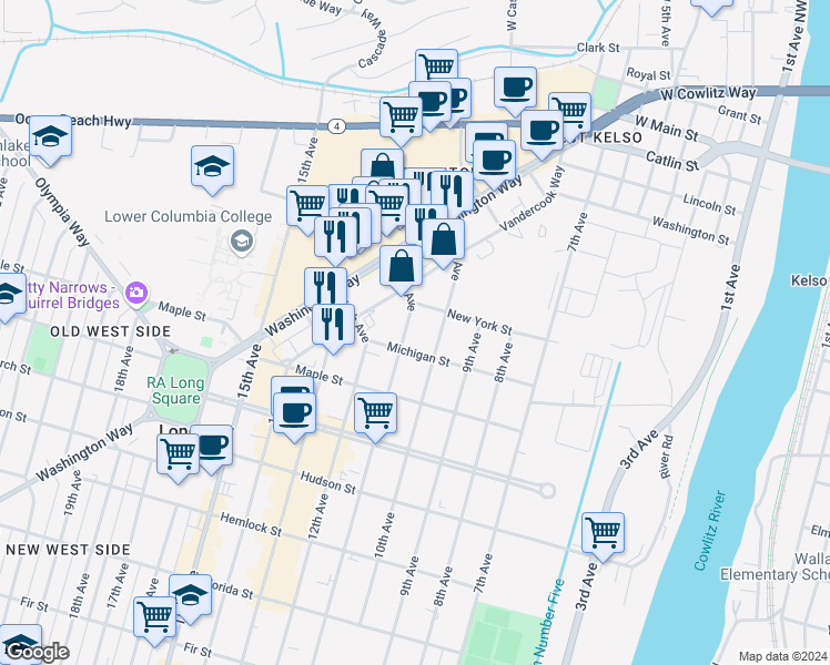 map of restaurants, bars, coffee shops, grocery stores, and more near 1052 New York Street in Longview