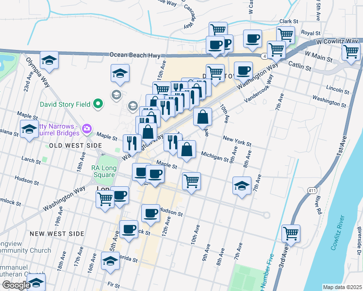 map of restaurants, bars, coffee shops, grocery stores, and more near 1225 Vandercook Way in Longview