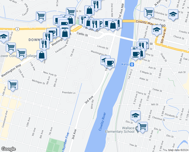map of restaurants, bars, coffee shops, grocery stores, and more near 1725 1st Avenue in Longview