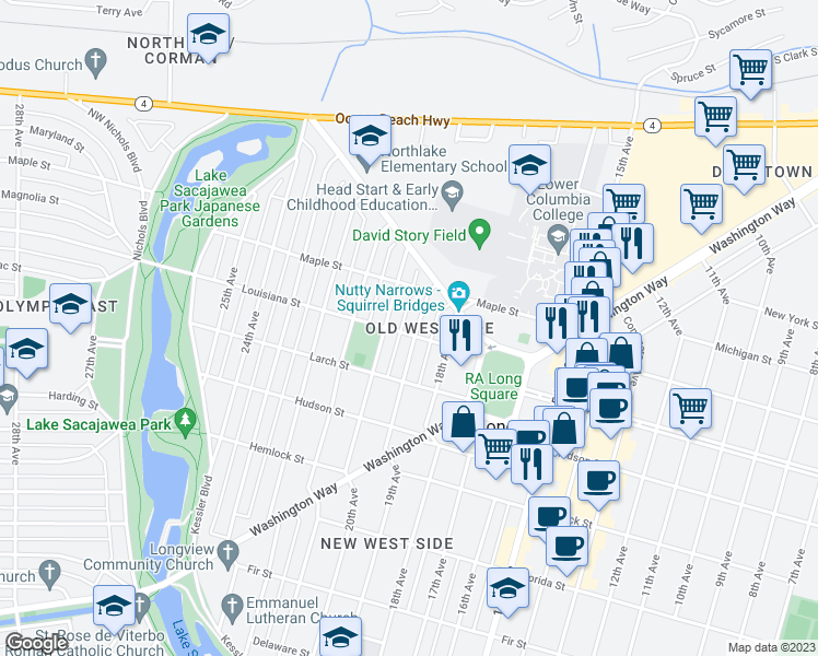 map of restaurants, bars, coffee shops, grocery stores, and more near 1526 20th Avenue in Longview
