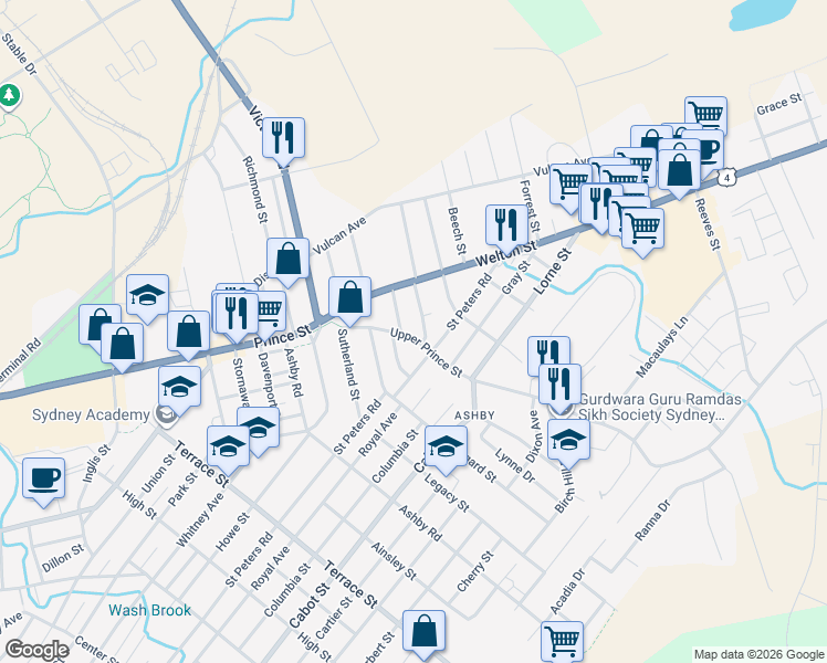 map of restaurants, bars, coffee shops, grocery stores, and more near 631 Upper Prince Street in Sydney
