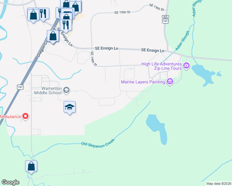 map of restaurants, bars, coffee shops, grocery stores, and more near 2211 Salal Loop in Warrenton