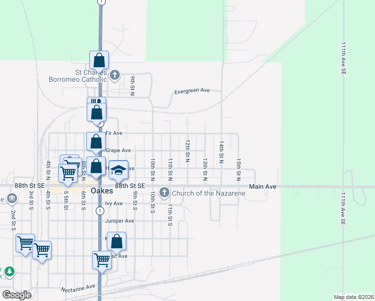 map of restaurants, bars, coffee shops, grocery stores, and more near 201 12th Street North in Oakes