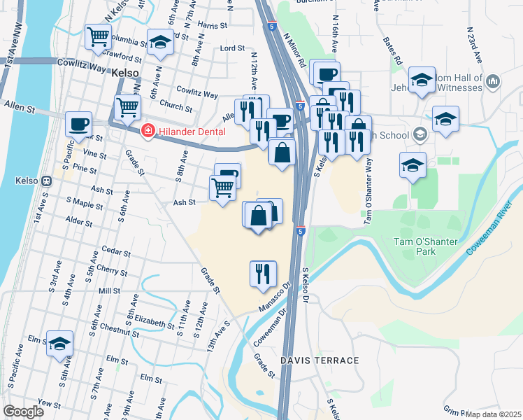 map of restaurants, bars, coffee shops, grocery stores, and more near 311 Three Rivers Drive in Kelso