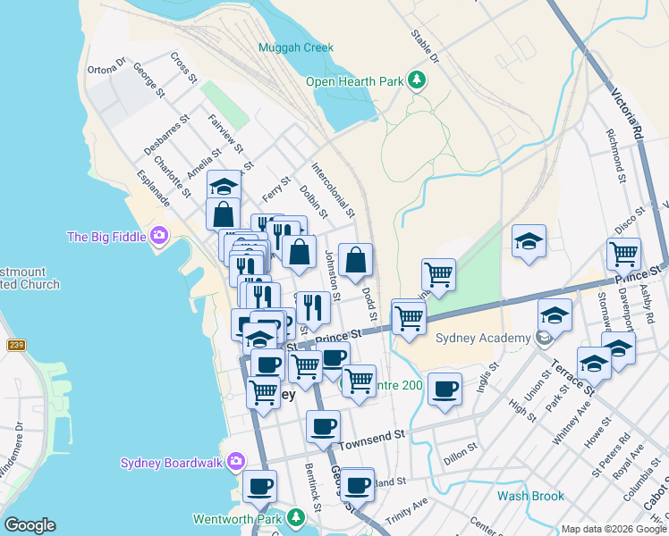 map of restaurants, bars, coffee shops, grocery stores, and more near 59 Johnston Street in Sydney