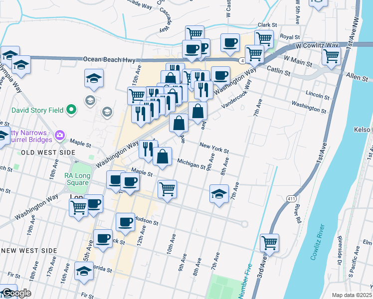 map of restaurants, bars, coffee shops, grocery stores, and more near 1052 New York Street in Longview