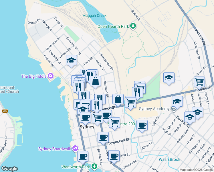 map of restaurants, bars, coffee shops, grocery stores, and more near 59 Johnston Street in Sydney