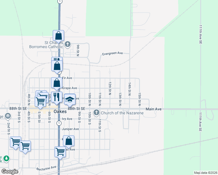 map of restaurants, bars, coffee shops, grocery stores, and more near 201-299 12th Street North in Oakes