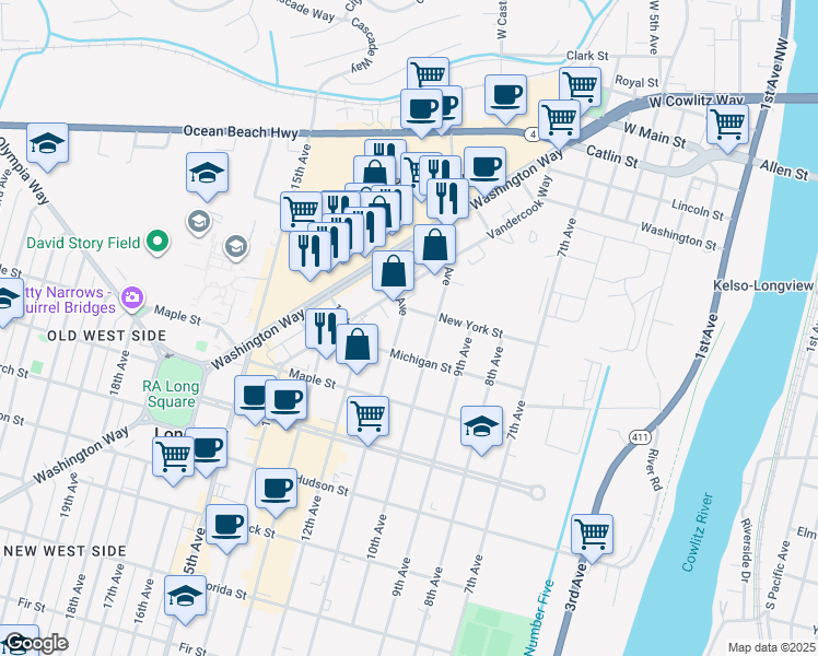 map of restaurants, bars, coffee shops, grocery stores, and more near 1052 New York Street in Longview