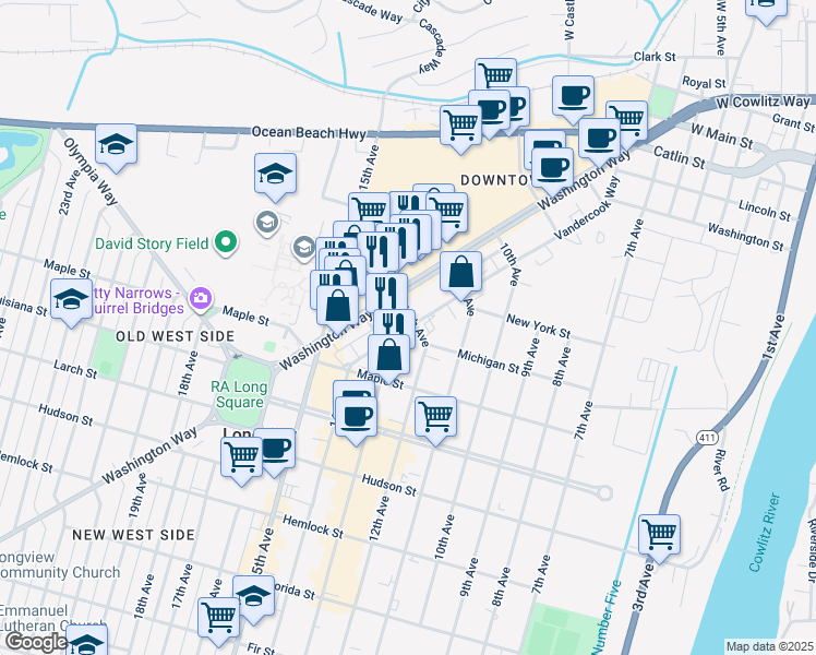 map of restaurants, bars, coffee shops, grocery stores, and more near 1225 Vandercook Way in Longview