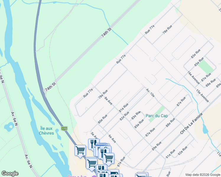 map of restaurants, bars, coffee shops, grocery stores, and more near 850 78e Rue in Saint-Georges