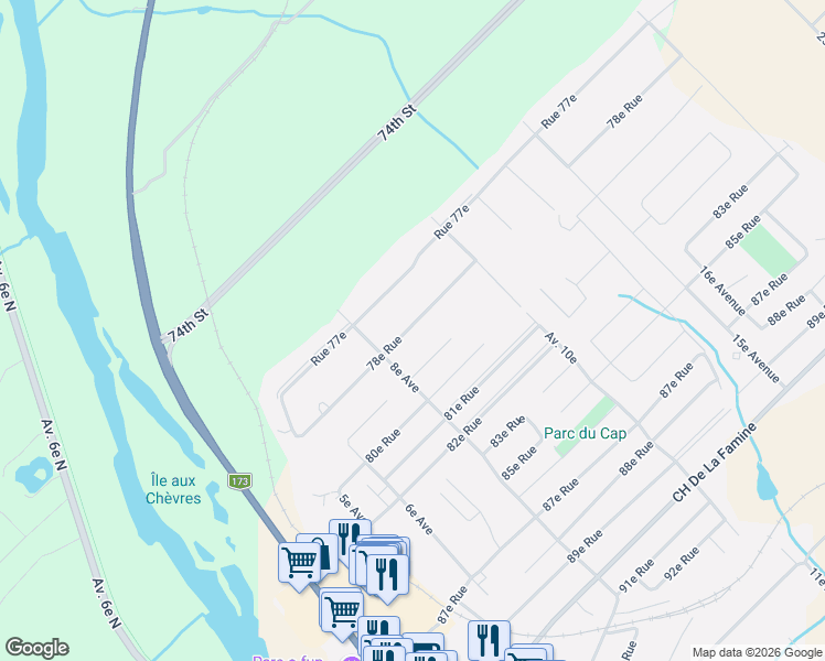 map of restaurants, bars, coffee shops, grocery stores, and more near 850 78e Rue in Saint-Georges