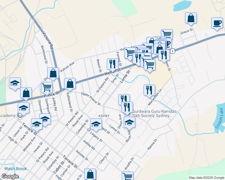 map of restaurants, bars, coffee shops, grocery stores, and more near 123 Lorne Street in Sydney