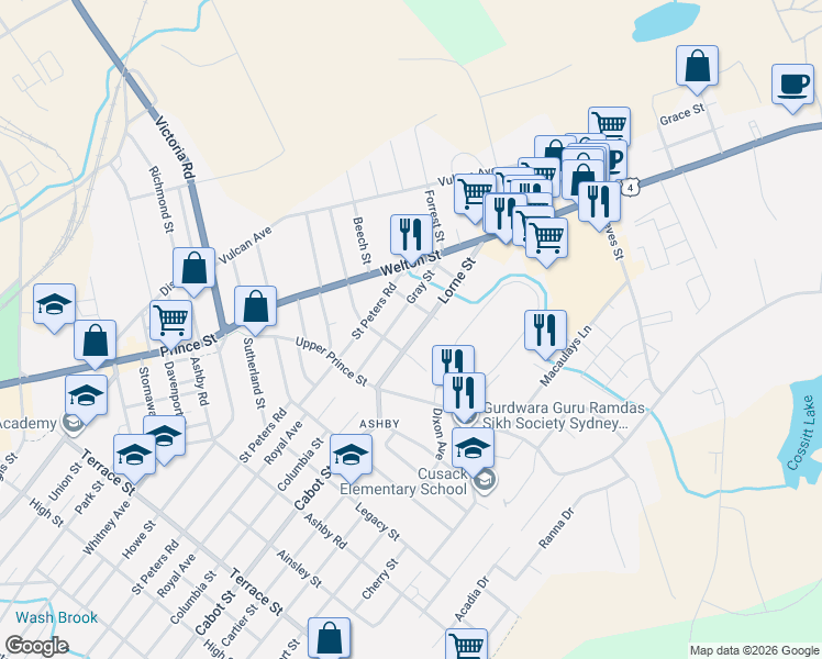 map of restaurants, bars, coffee shops, grocery stores, and more near 123 Lorne Street in Sydney