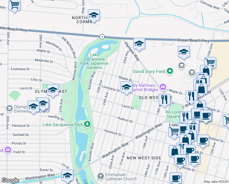 map of restaurants, bars, coffee shops, grocery stores, and more near 1439 23rd Avenue in Longview