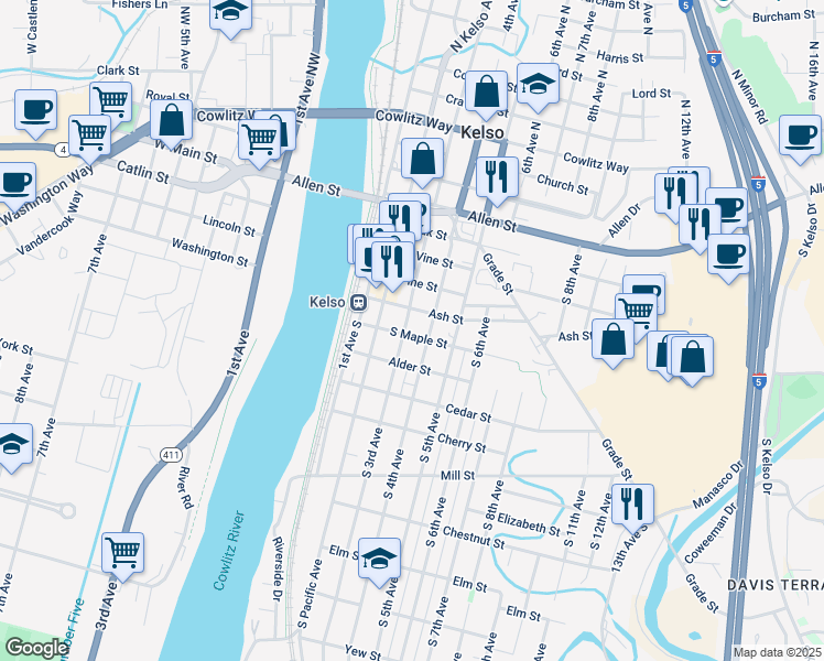 map of restaurants, bars, coffee shops, grocery stores, and more near 514 3rd Avenue South in Kelso