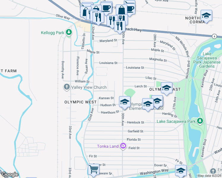 map of restaurants, bars, coffee shops, grocery stores, and more near 3108 Marigold Street in Longview