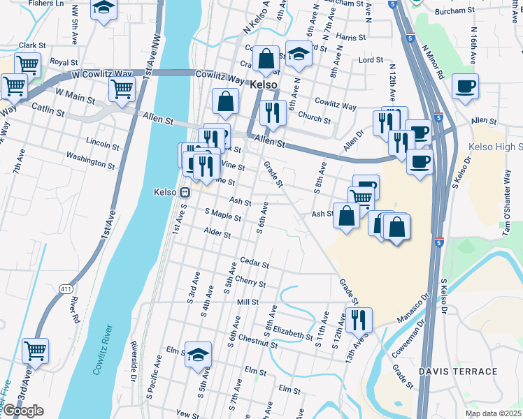 map of restaurants, bars, coffee shops, grocery stores, and more near 506 Ash Street in Kelso