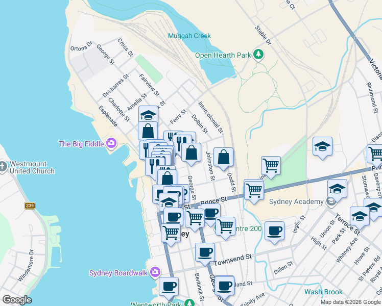 map of restaurants, bars, coffee shops, grocery stores, and more near 255 George Street in Sydney