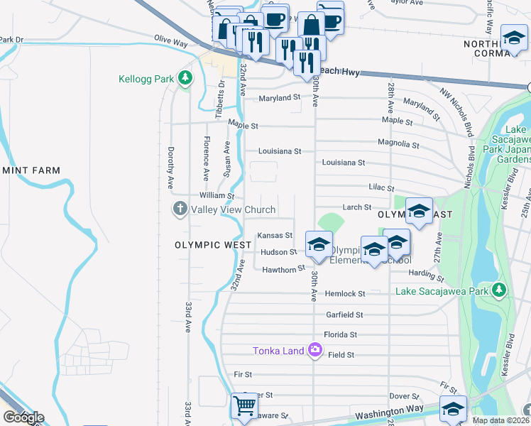 map of restaurants, bars, coffee shops, grocery stores, and more near 1526 Floral Court in Longview