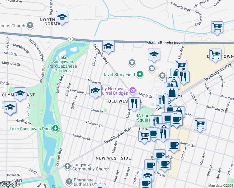 map of restaurants, bars, coffee shops, grocery stores, and more near 1526 20th Avenue in Longview