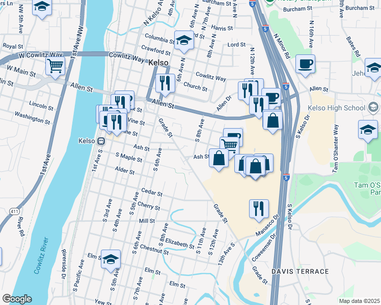 map of restaurants, bars, coffee shops, grocery stores, and more near 721 Ash Street in Kelso