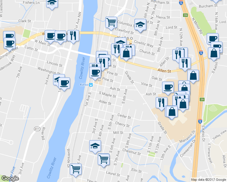 map of restaurants, bars, coffee shops, grocery stores, and more near 500 S 4th Ave in Kelso
