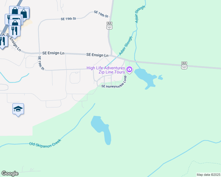 map of restaurants, bars, coffee shops, grocery stores, and more near 1493 Southeast Honeysuckle Loop in Warrenton