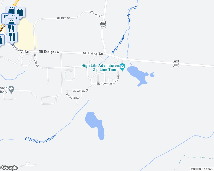 map of restaurants, bars, coffee shops, grocery stores, and more near 1493 Southeast Honeysuckle Loop in Warrenton