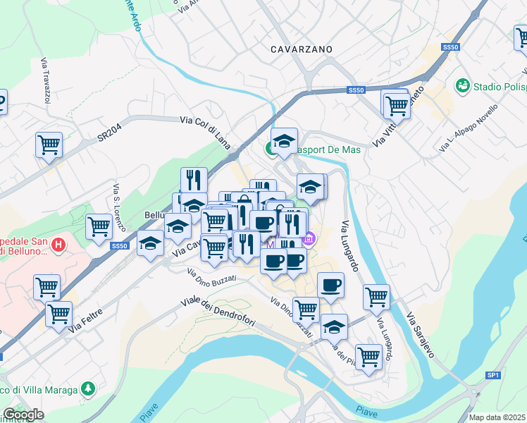 map of restaurants, bars, coffee shops, grocery stores, and more near 7 Via Gerolamo Segato in Belluno