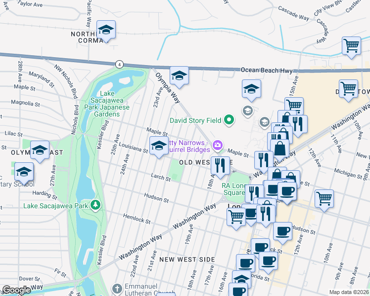 map of restaurants, bars, coffee shops, grocery stores, and more near 1526 20th Avenue in Longview