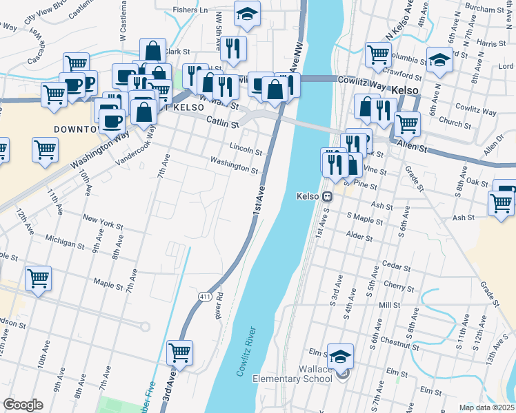 map of restaurants, bars, coffee shops, grocery stores, and more near 1st Avenue in Longview