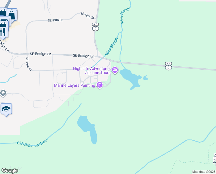 map of restaurants, bars, coffee shops, grocery stores, and more near 1533 Southeast Honeysuckle Loop in Warrenton