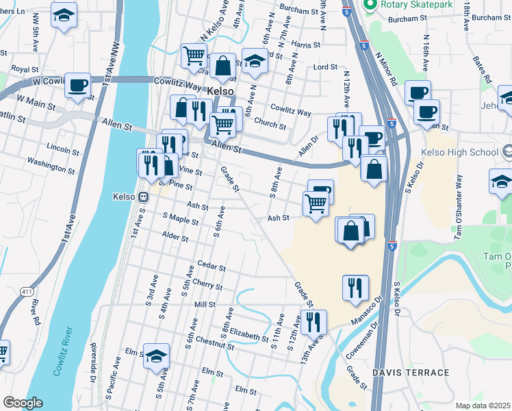 map of restaurants, bars, coffee shops, grocery stores, and more near 721 Ash Street in Kelso