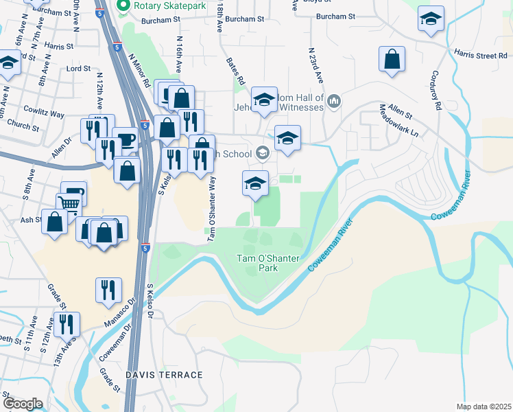 map of restaurants, bars, coffee shops, grocery stores, and more near 1904 Allen Street in Kelso