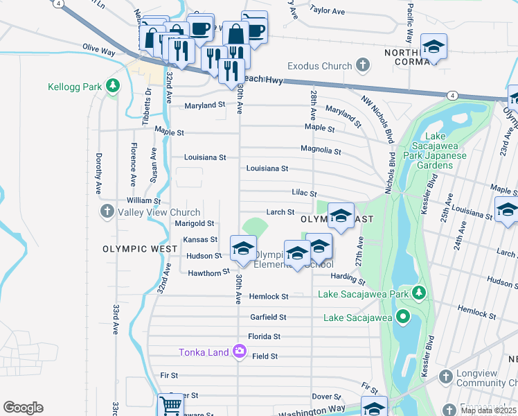 map of restaurants, bars, coffee shops, grocery stores, and more near 2928 28th Avenue in Longview
