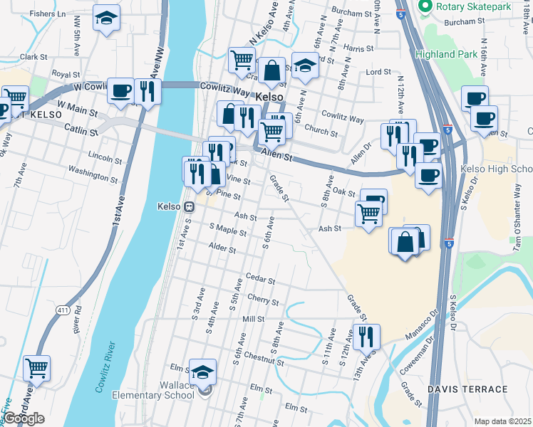 map of restaurants, bars, coffee shops, grocery stores, and more near 506 Ash Street in Kelso