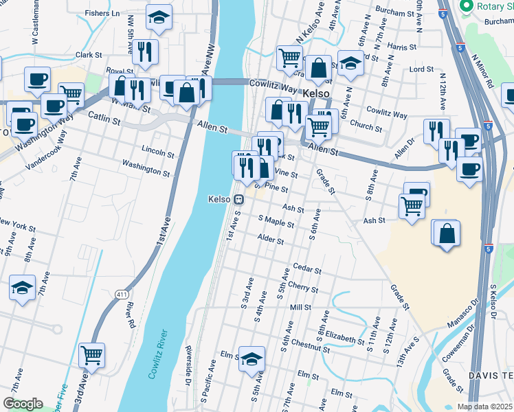 map of restaurants, bars, coffee shops, grocery stores, and more near 514 3rd Avenue South in Kelso