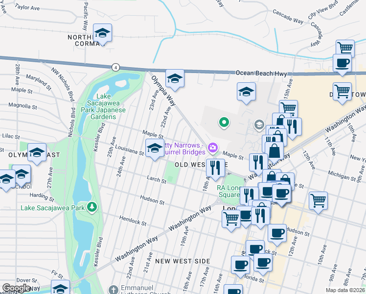 map of restaurants, bars, coffee shops, grocery stores, and more near 1526 20th Avenue in Longview