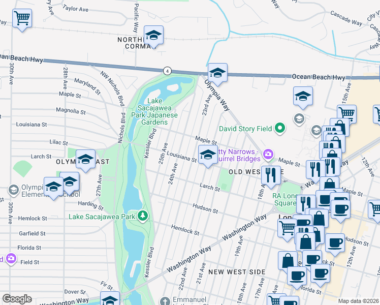 map of restaurants, bars, coffee shops, grocery stores, and more near 1439 23rd Avenue in Longview