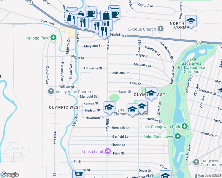 map of restaurants, bars, coffee shops, grocery stores, and more near 2928 28th Avenue in Longview