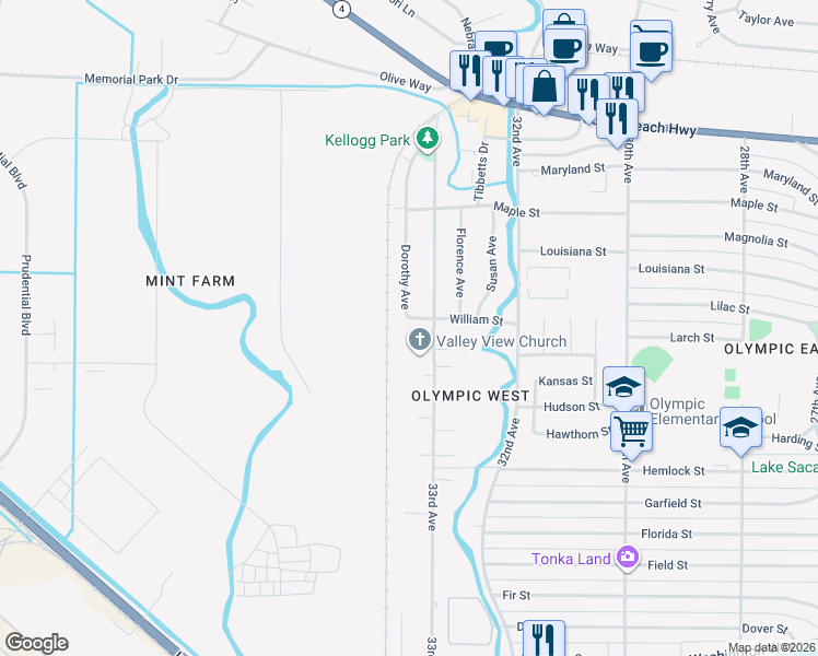 map of restaurants, bars, coffee shops, grocery stores, and more near 3325 William Street in Longview