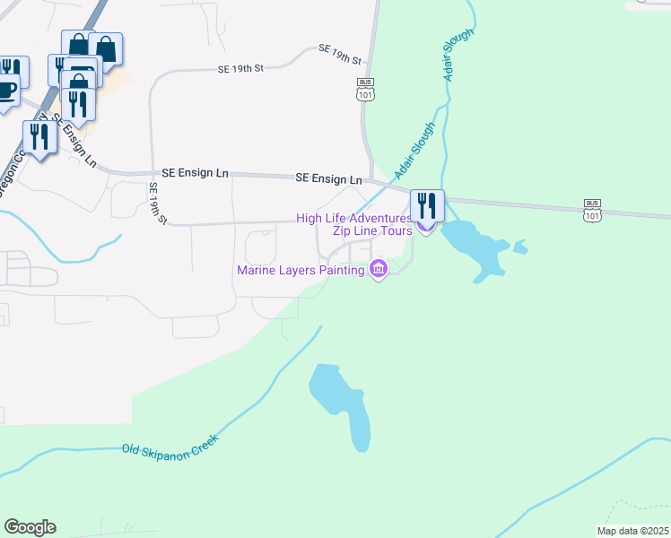 map of restaurants, bars, coffee shops, grocery stores, and more near 1451 Southeast Honeysuckle Loop in Warrenton