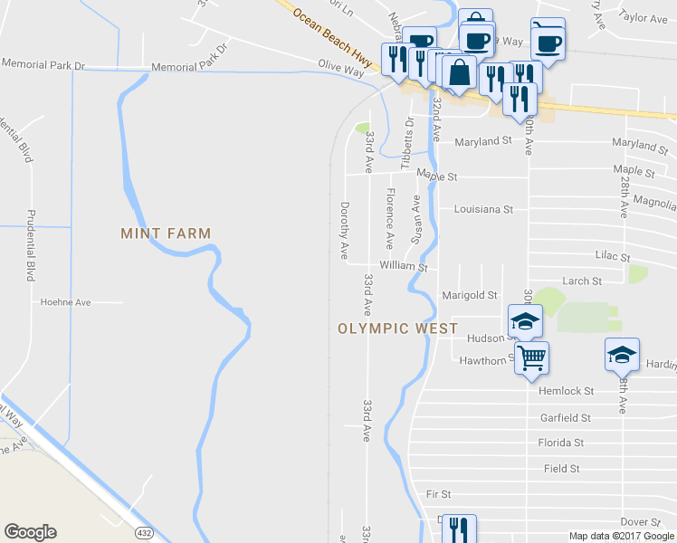 map of restaurants, bars, coffee shops, grocery stores, and more near 3325 William Street in Longview