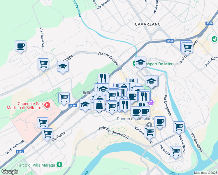 map of restaurants, bars, coffee shops, grocery stores, and more near 2 Via Giovanni De Min in Belluno