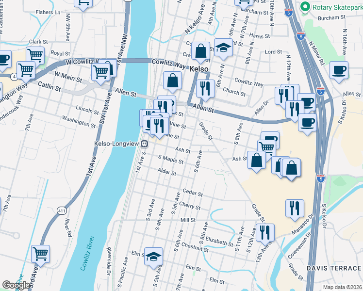 map of restaurants, bars, coffee shops, grocery stores, and more near 404 South 4th Avenue in Kelso