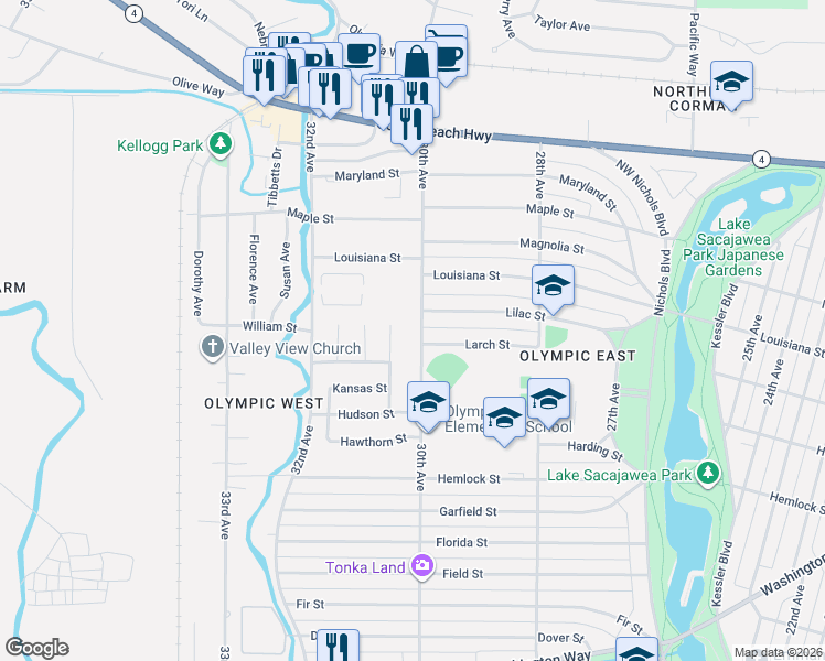 map of restaurants, bars, coffee shops, grocery stores, and more near 1525 30th Avenue in Longview