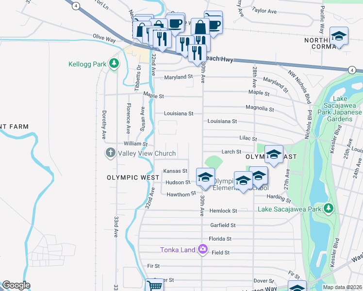 map of restaurants, bars, coffee shops, grocery stores, and more near 3108 Marigold Street in Longview