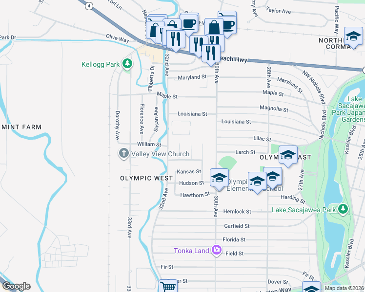 map of restaurants, bars, coffee shops, grocery stores, and more near 1526 Floral Court in Longview