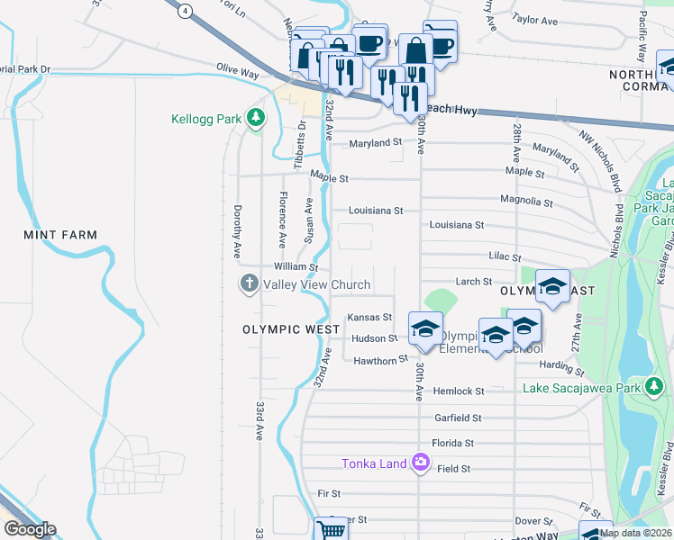 map of restaurants, bars, coffee shops, grocery stores, and more near 1526 Floral Court in Longview
